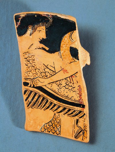 Fragment av loftsplate som viser Apollo som flyr på en svane til hyperboreanernes land, av maleren Euphronios, keramikk med røde figurer av Greek School