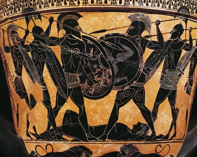 Gresk sivilisasjon, keramikk med svarte figurer, Krater som skildrer kampen om kroppen til Patroclus, Fra Farsala, Hellas av Greek School