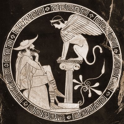 Ødipus svarer på spørsmål om sfinxen i Theben, 500-tallet f.Kr. (keramikk) av Greek School