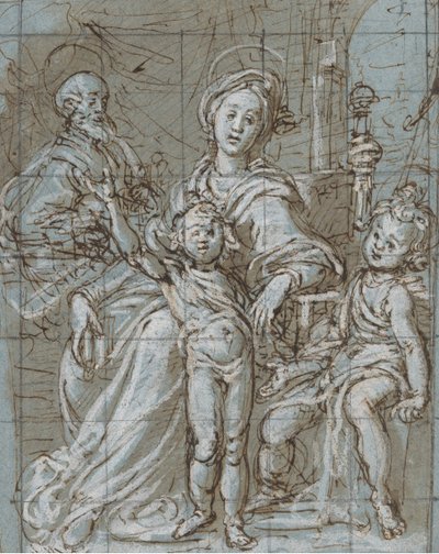 Hellig familie med spedbarnet St. Johannes døperen recto, beskårne skisser i stor skala..., 1590-92. av Gregorio Pagani