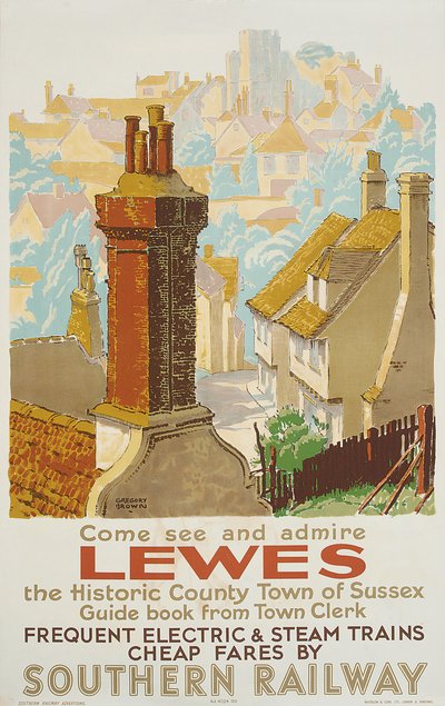 Lewes, plakat som annonserer Southern Railway (farge litho) av F. Gregory Brown