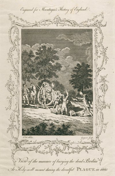 Begraver pestens ofre, Holywell Mount, Shoreditch, London, 1665 c sent på 1700-tallet av Grignion