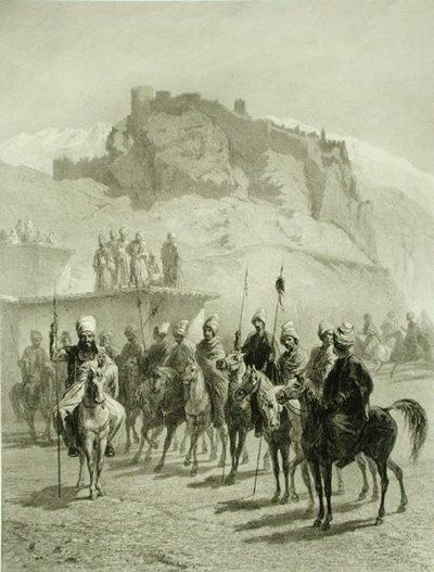 Castle of Atskhour, Akhaltsik, plate 10 fra en bok om Kaukasus, gravert av Adolphe Mouilleron (1820-81) utgitt av Alfred Leon Lemercier, Paris av Grigori Grigorevich (after) Gagarin