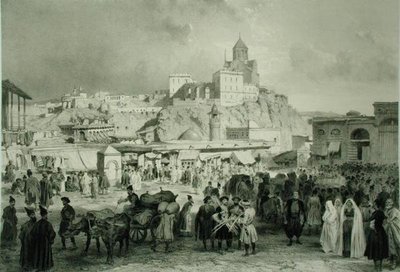 Basaren på Maidan Square, Tiflis, Georgia, plate 25 fra en bok om Kaukasus, gravert av Adolphe Jean-Baptiste Bayot (1810-66) og Eugene Ciceri (1813-90), utgitt av Alfred Leon Lemercier, Paris av Grigori Grigorevich (after) Gagarin