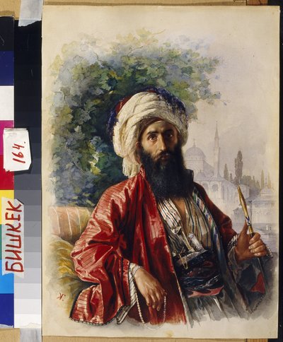 Emir. Portrett av en muslimsk religiøs leder, som røyker en narguile, foran en moske, under perioden med geriljakrigføring og motstand mot det russiske imperiet i Nord-Kaukasus på midten av 1800-tallet. Verk av Grigori Grigorievich Gagarin (Gagarin) (1810 av Grigori Grigorevich Gagarin