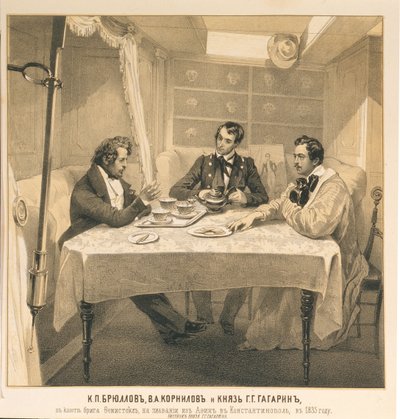 Karl Bryullov, Vladimir Kornilov og grev Grigori Gagarin ombord på briggen Themistokles, 1835 av Grigori Grigorevich Gagarin
