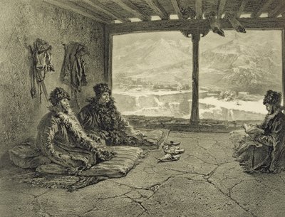 Sharia-forelesning i Khosrakh, Dagestan, plate 50 fra en bok om Kaukasus, gravert av Adolphe Mouilleron (1820-81) utgitt av Alfred Leon Lemercier, Paris, 1847 av Grigori Grigorevich Gagarin