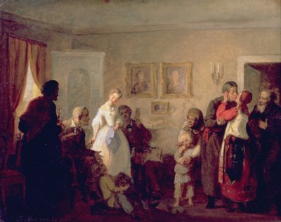 Gratulerer til de nygifte i en herregård, 1860 av Grigori Grigorievich Mjasoedov