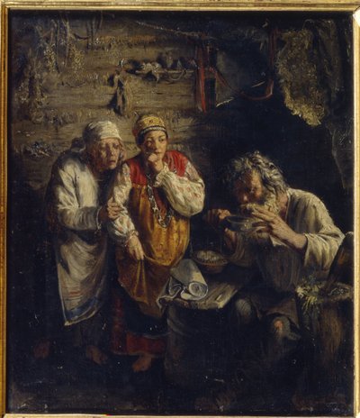 Healeren (Witch Doctor). I en fattig, landlig hytte ser to barbeinte kvinner kledd i folkloristiske kjoler engstelig på en gammel mann som drikker et urtemiddel, ved siden av ham en stamper for å tilberede medisinske blandinger. av Grigori Grigoryevich Myasoedov
