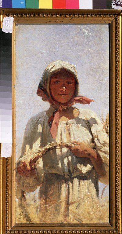 En høster. Portrett av en ung bondekvinne i tradisjonell drakt, i en hveteåker midt på sommeren for innhøstingen. Maleri av Grigori (Grigoriy, Grigory) Grigoryevich Myasoyedov (Myasoedov, Miasoedov) (1834-1911), olje på lerret. ru kunst av Grigori Grigoryevich Myasoedov