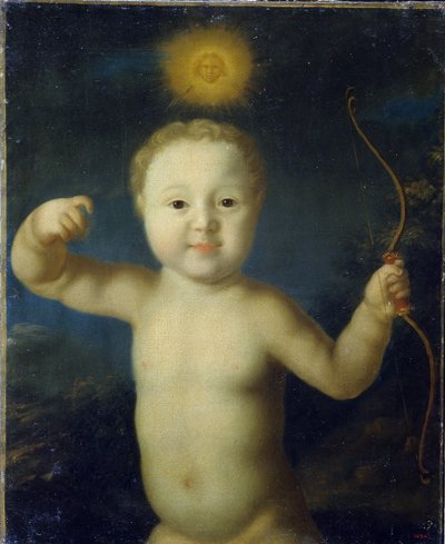 Portrett av Tsarevich Alexis Petrovich av Russland (1690-1718). (Portrett av Tsarevich Alexei Petrovich av Russland). Representerer baby i Eros, naken som holder buen og overvinnes av en sol midt på natten. Maleri av Grigori Dmitrievich Molchanov (cirka 17 av Grigory Dmitriev Molchanov