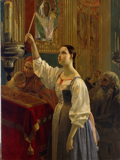 Ung jente som plasserer et stearinlys foran et ikon. (Jente som setter et stearinlys før ikonet). I en ortodoks kirke, skjærtorsdag i påskeuken. Maleri av Grigori Karpovich Mikhaylov (Mikhailov) (1814-1867), olje på lerret av Grigory Mikhailov