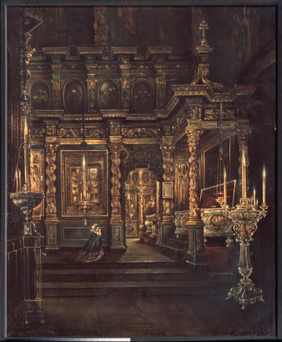 In the Assumption of the Blessed Virgin Cathedral in Rostov (In the Assumption of the Blessed Virgin Cathedral in Rostov) - Maleri av Grigori Vasilyevich Yurov (?-etter 1896), olje på lerret av Grigory Vasilievich Yurov