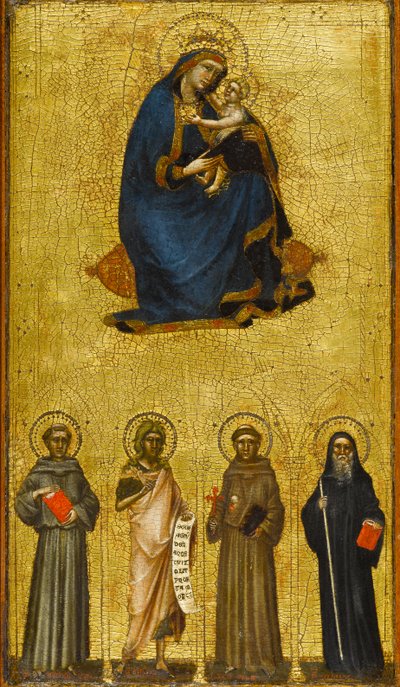 Madonna og barn med hellige, rundt 1360 (tempera og bladgull på poppelpanel) av Guariento di Arpo