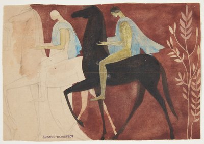 To ungdommer til hest. Utkast til rominnredning av Gudrun Traustedt