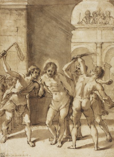 Kristi piskning (penn og brunt blekk, med pensel og brun vask og spor av grafitt, på kremfarget papir, lagt ned på kremfarget papir) av Guercino (1591-1666) (school of)
