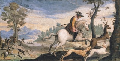 Jakt på hjort og villsvin, av Giovanni Francesco Barbieri, kjent som Guercino (1591-1666), freskomaleri, 53x101 cm av Guercino