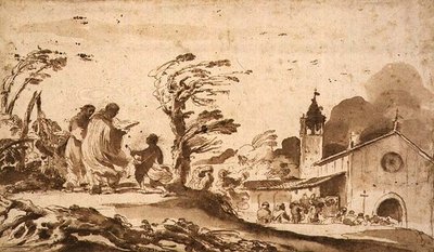 PD.1-1987 Landskap med begravelsesprosesjon (blekk og vask) av Guercino