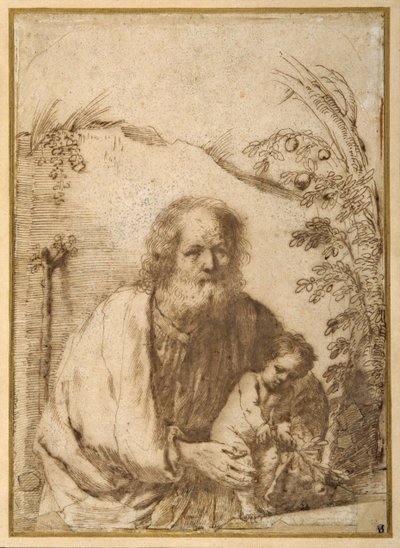 St. Joseph and the Infant Christ griper en kvist av et epletre (penn og blekk på papir) av Guercino