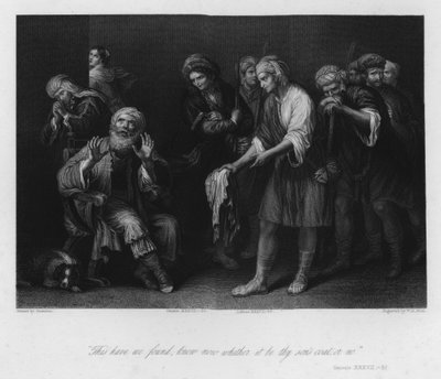 Jakob lurt av den blodige pelsen, Genesis XXXVII, 32 (gravering) av Guercino