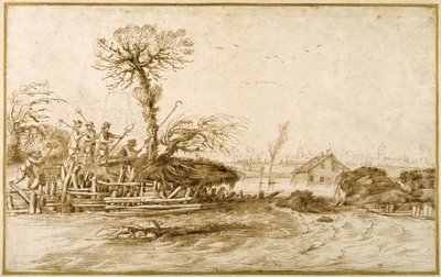 En elv i flom, og bønder med økser og andre verktøy (penn og blekk over kritt på papir) av Guercino