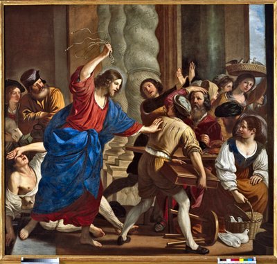 Kristus som driver pengelångiverne fra tempelet Maleri av Giovanni Francesco Barbieri dit Il Guercino (The Guerchin) (1591-1666) av Guercino