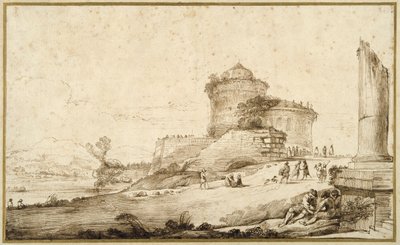 Landskap med en ødelagt søyle, et slott og tallrike figurer i forgrunnen til høyre (penn og blekk på papir) av Guercino