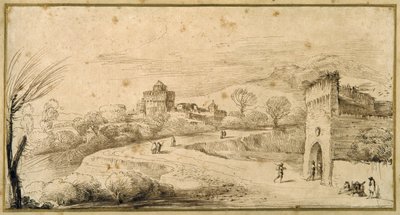 Landskap med et krenelert porthus og en svingete vei (penn og blekk på papir) av Guercino