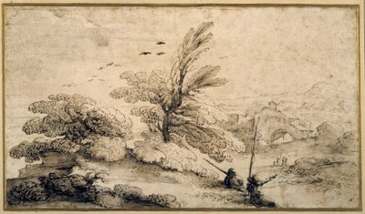 Landskap med to fiskere hvilende (penn og blekk på papir) av Guercino