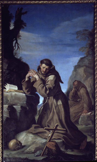 Saint Francois Adoring the Cross - Olje på lerret av Guercino