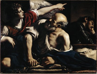 Sankt Peter befrier av en engel - Olje på lerret, ca 1622 av Guercino