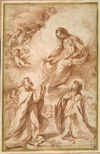 'Madonna del Rosario' med St. Dominic og St. Catherine av Siena (rødt kritt på papir) av Guercino