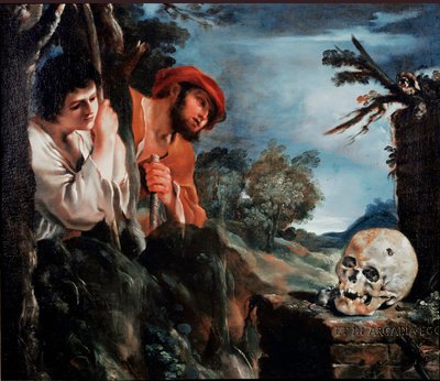 Shepherds of Arcadia Men rundt en grav på den greske øya Peloponnes. Maleri (Vanita) av Giovanni Francesco Barbieri Guerchin ved Il Guercino (1591-1666) 1618 rundt Roma, Galleria Corsini av Guercino