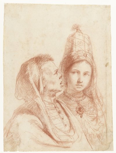 Byster av en mann og en kvinne i eksotiske kostymer av Guercino