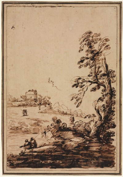 Landskap med liten gruppe bygninger, andre halvdel av 1700-tallet. av Guercino