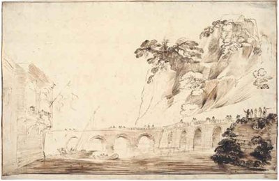 Landskap med en elv krysset av en bro, foret med tilskuere, som fører til en bygning med en overhengende loggia med et parti av tilskuere av Guercino