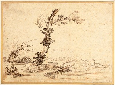 Landskap med falkonerere ved et tre av Guercino