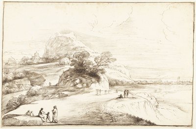 Fjelllandskap med en fjern utsikt av Guercino
