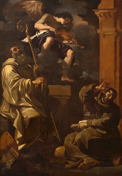 Saint Benedict og Saint Francis lytter til en musikerengel. av Guercino