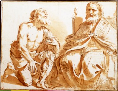 Sittende biskop og knelende helgen av Guercino