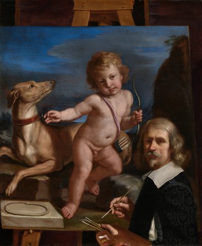 Selvportrett foran et maleri av «Amor Fedele» av Guercino