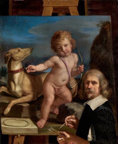 Selvportrett før et maleri av Amor Fedele, 1655. av Guercino
