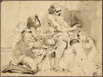 Studie for Jakob velsignelse av Josefs sønner (rekto); Skisser: Sankt Christopher; To figurer i samtale om penger (verso) av Guercino