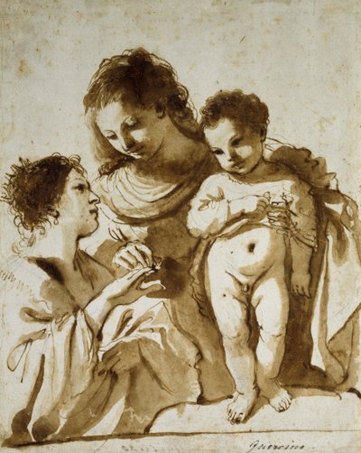 The Mystic Marriage of St Catherine, 1618-19 (penn og brunt blekk med brun vask over indikasjoner i svart kritt på hvitt papir) av Guercino