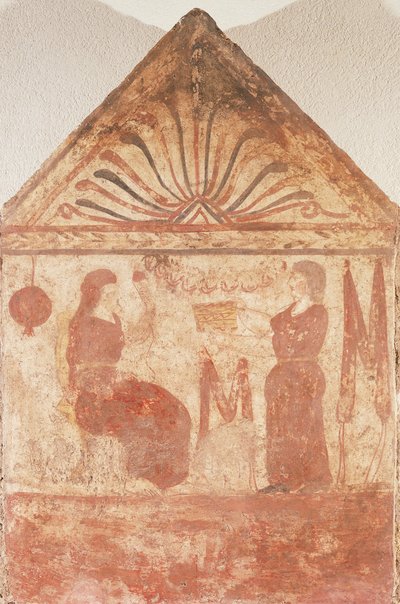 Malt gravstein som viser kvinne som sitter på tronen i spinning, fra Andriuolo-Laghetto i Paestum, Campania, Italia av Guglielmo Bilancioni