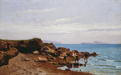 Fiskere på den napolitanske kysten, med øya Capri i bakgrunnen, av Guglielmo Ciardi (1842-1917), olje på lerret, 47,5x76,5 cm av Guglielmo Ciardi