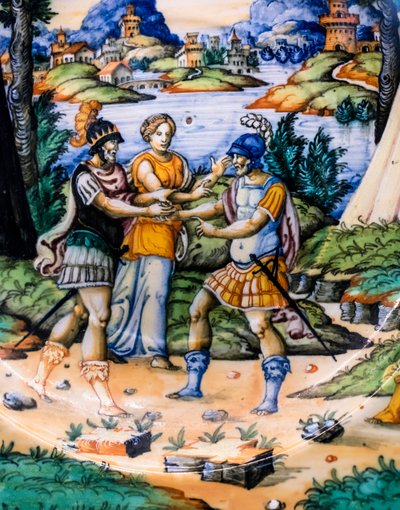 Rett: Latinus og Aeneas, detalj, ca 1540 (majolica) av Guido (attr. to) Durantino