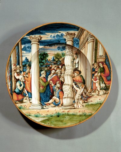 Fat som viser St. Peter og St. Johannes som helbreder den lamme mannen i tempelet, ca. 1540–50 (maiolica) av Guido Di (workshop of) Merlino