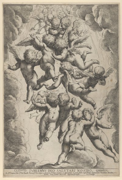 A group of angels embracing in flight, framed by clouds, ca. 1607., ca. 1607.    1169420   no       norwegian Successfully Translated  Original: Scene from The Invisible Man: breaking window, 1953. Translat: Scene from The Invisible Man: breaking window, 1 av Guido Reni