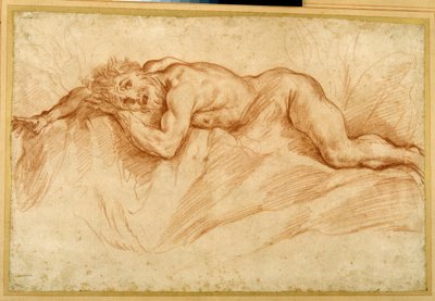 En livredd naken mann, utsatt på steinete grunn (rødt kritt på papir) av Guido Reni